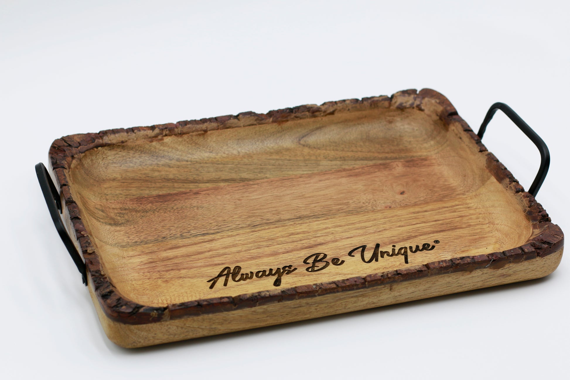 Wooden cutting board with 'Always Be Unique' engraved - this Rustic mango wood serving tray with handles supports individuals with unique abilities. A meaningful gift that gives back.